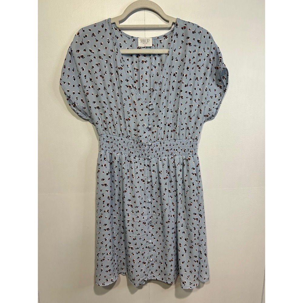 Sienna Sky Floral Mini Dress‎ Womens Medium Blue Smocked Waist Cottage Core